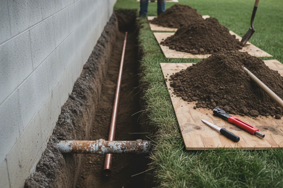 Excavated water line trench during Water Softener Installation in Farmingville
